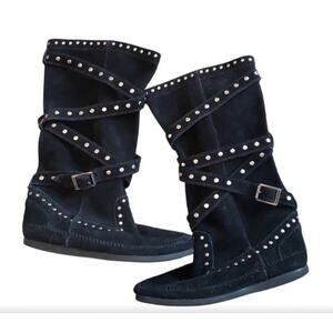 Minnetonka Black Suede Studded Boots Size 7 Boho Western Knee High